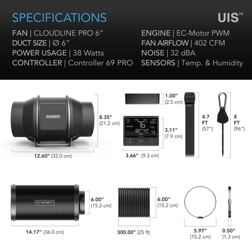 Zestaw wentylacyjny AC Infinity 150mm 680 m3/h - wentylator kanałowy z inteligentnym kontrolerem temp. i wilgotności, filtr węglowy + przewody
