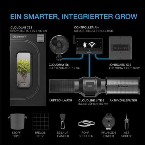Growbox AC Infinity AI+ 90x90x180 cm – kompletny zestaw uprawowy 260W LED, wentylacja 150 mm, Controller AI+